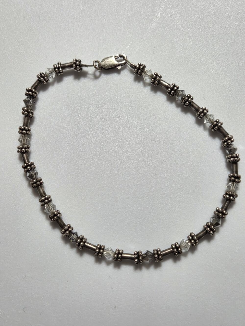 925 Sterling Silver Clear Crystal Beaded Bracelet Bali Beads 8.25 Inch
